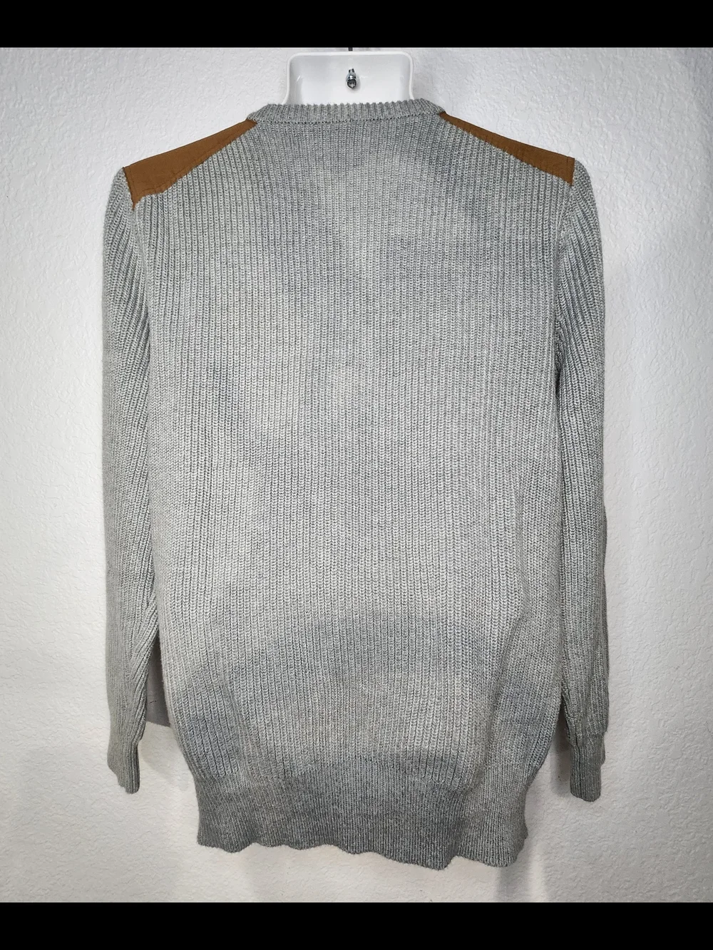 J. Crew Gray Crewneck Sweater with Brown Shoulder Patches
